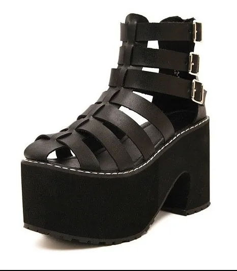 Black Straps Gladiator Lolita Punk Rock Creepers Platforms High Heels Sandals Shoes