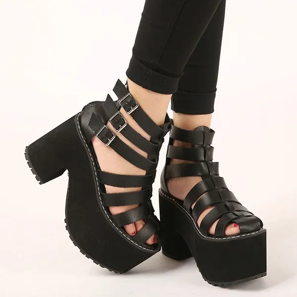 Black Straps Gladiator Lolita Punk Rock Creepers Platforms High Heels Sandals Shoes