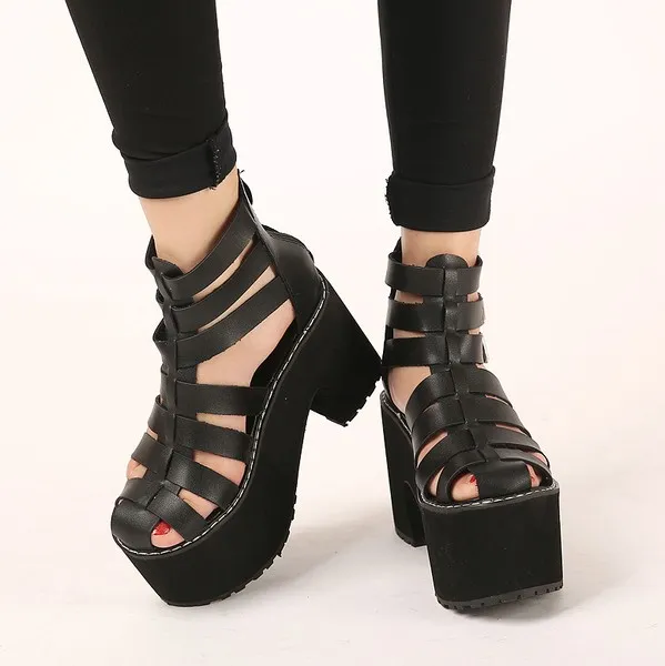 Black Straps Gladiator Lolita Punk Rock Creepers Platforms High Heels Sandals Shoes