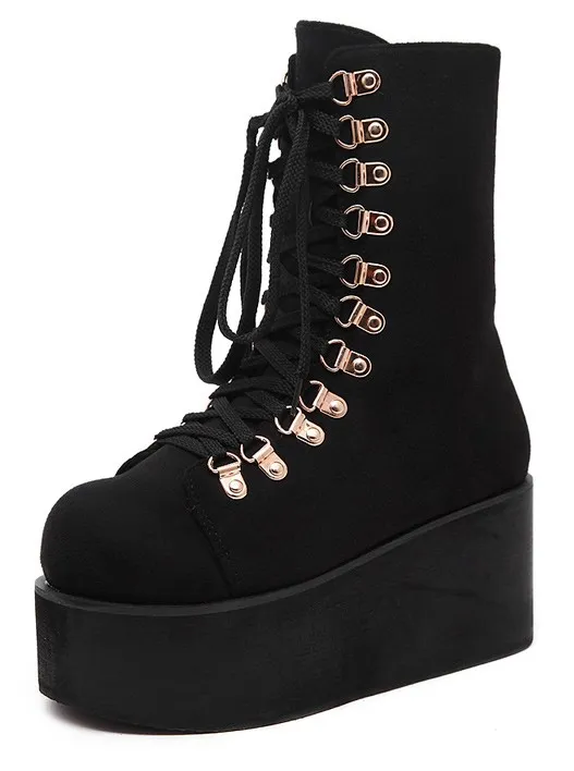 Black Suede High Top Lace-up Platform Boots with Metal Studs