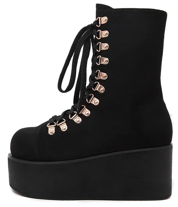 Black Suede High Top Lace-up Platform Boots with Metal Studs