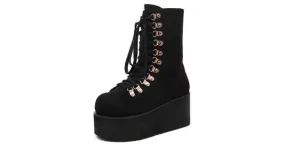 Black Suede High Top Lace-up Platform Boots with Metal Studs