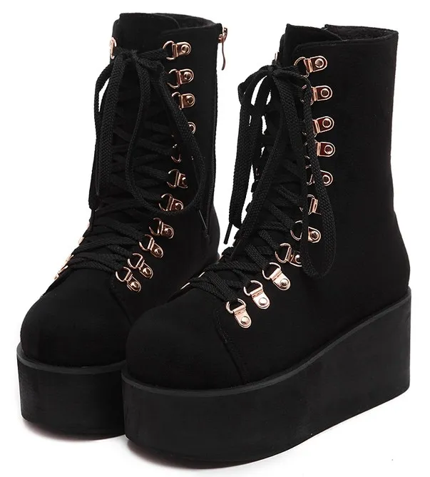 Black Suede High Top Lace-up Platform Boots with Metal Studs