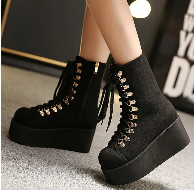 Black Suede High Top Lace-up Platform Boots with Metal Studs