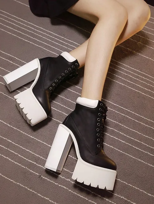 Black White Sneakers Chunky Sole Block High Heels Platforms Boots Shoes