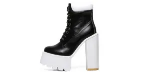 Black White Sneakers Chunky Sole Block High Heels Platforms Boots Shoes