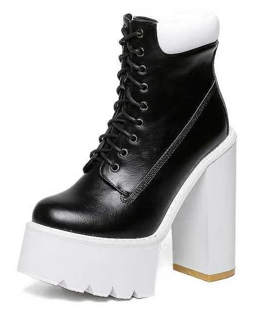 Black White Sneakers Chunky Sole Block High Heels Platforms Boots Shoes