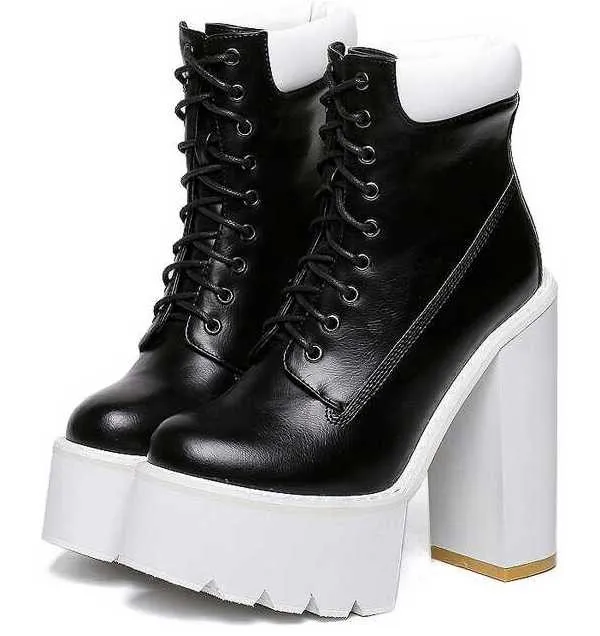 Black White Sneakers Chunky Sole Block High Heels Platforms Boots Shoes