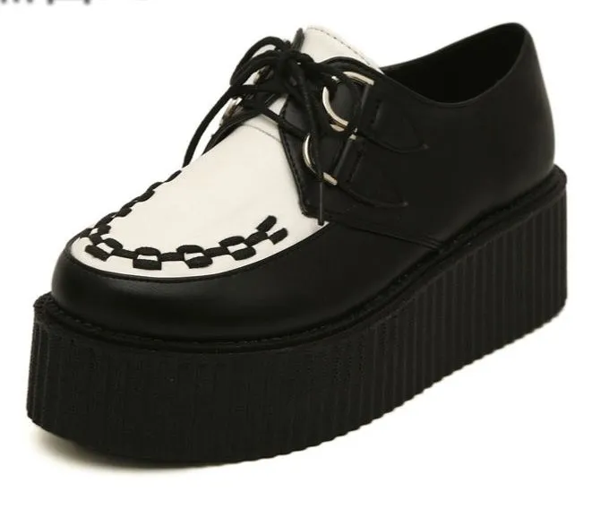 Black White Stitches Lace Up Platform Creepers