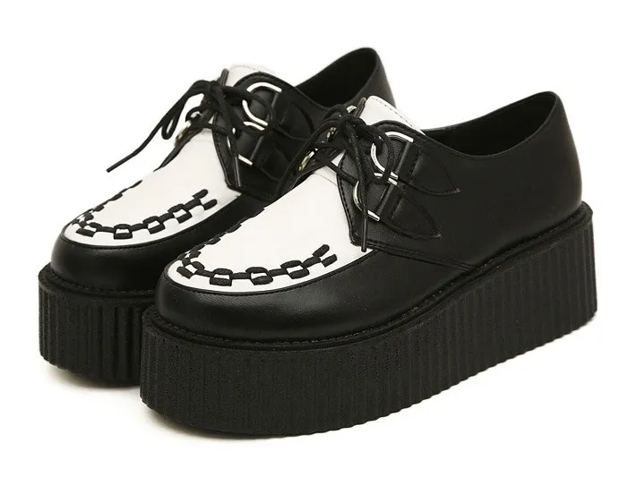 Black White Stitches Lace Up Platform Creepers