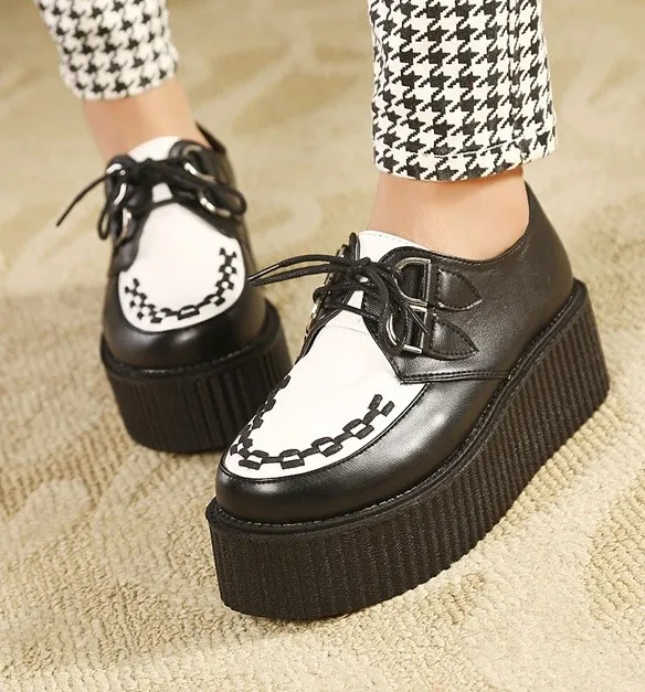 Black White Stitches Lace Up Platform Creepers