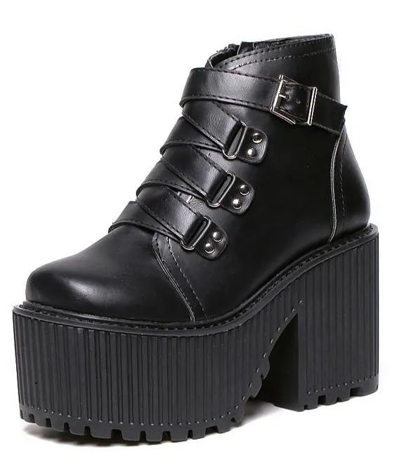 Black Zig Zag Straps Platforms Punk Rock Chunky Heels Boots Creepers Shoes