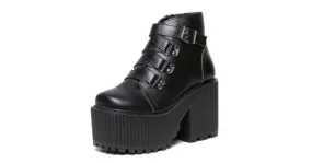 Black Zig Zag Straps Platforms Punk Rock Chunky Heels Boots Creepers Shoes