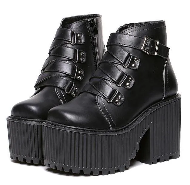 Black Zig Zag Straps Platforms Punk Rock Chunky Heels Boots Creepers Shoes