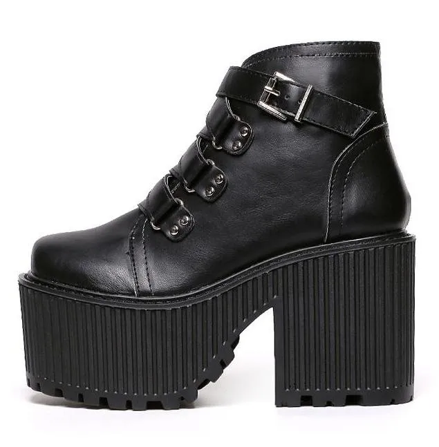 Black Zig Zag Straps Platforms Punk Rock Chunky Heels Boots Creepers Shoes