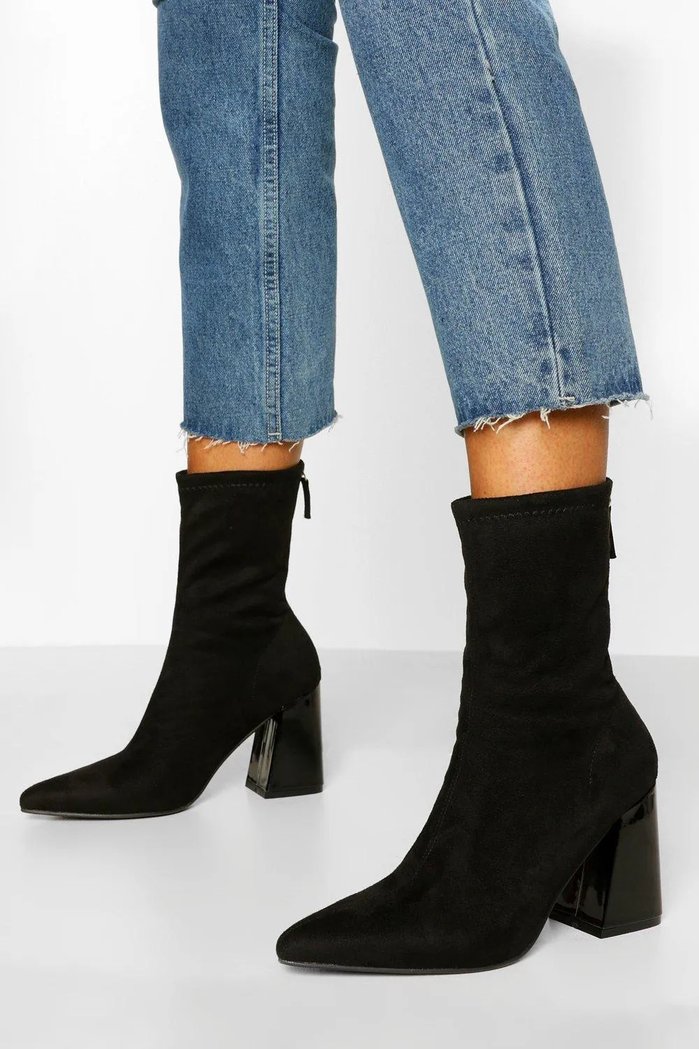 Block Heel Pointed Toe Sock Boots