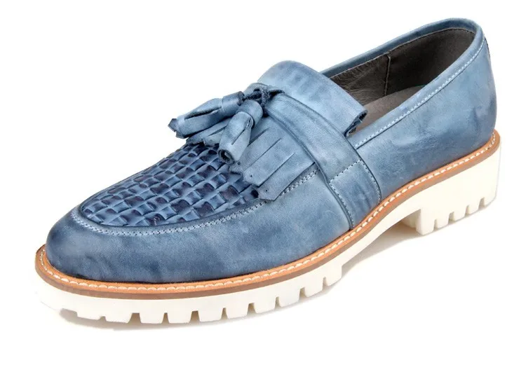 Knitted Leather Tassels Blue White Men's Dress Shoes