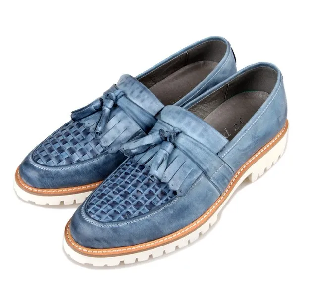 Knitted Leather Tassels Blue White Men's Dress Shoes