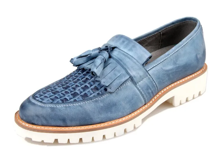 Knitted Leather Tassels Blue White Men's Dress Shoes