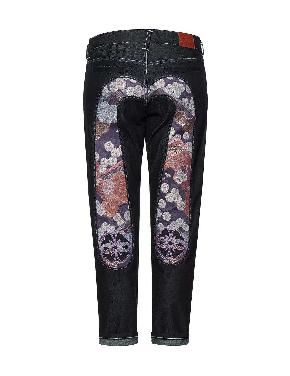 Brocade-inserted Daicock and Kamon Embroidered Boyfriend-fit Jeans