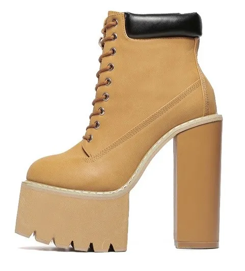 High Heels Platforms Boots - Brown Camel Khaki Lace Up Chunky Sole