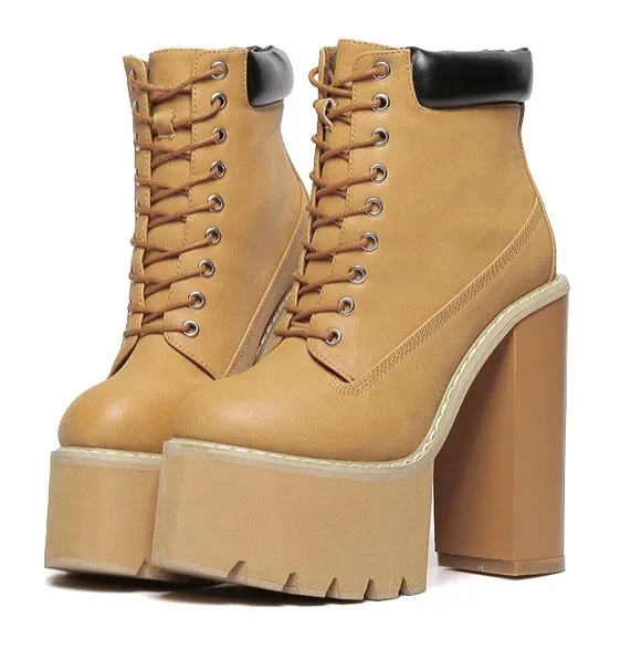 High Heels Platforms Boots - Brown Camel Khaki Lace Up Chunky Sole