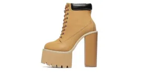 High Heels Platforms Boots - Brown Camel Khaki Lace Up Chunky Sole