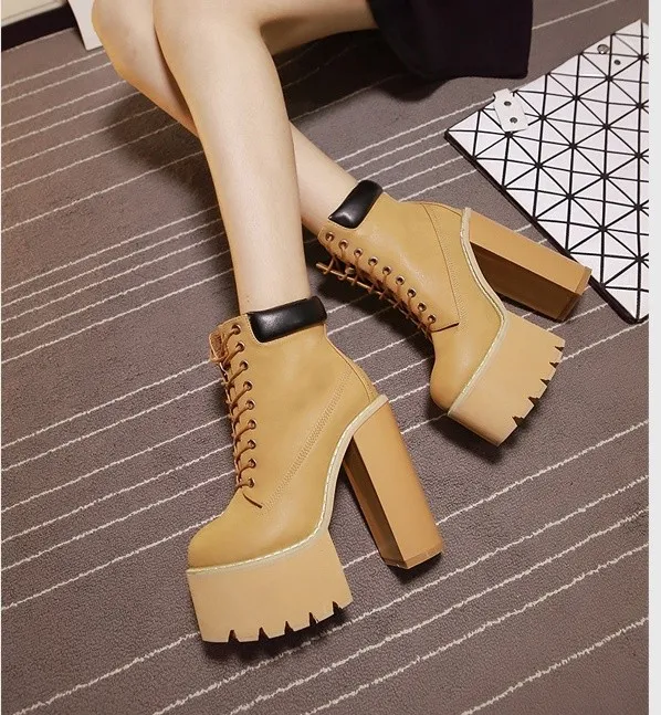 High Heels Platforms Boots - Brown Camel Khaki Lace Up Chunky Sole