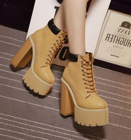 High Heels Platforms Boots - Brown Camel Khaki Lace Up Chunky Sole