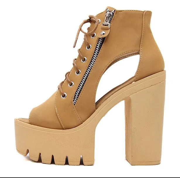 Brown Camel Peep Toe Platforms with Zippers for a Punk Rock Look