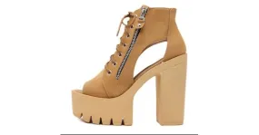 Brown Camel Peep Toe Platforms with Zippers for a Punk Rock Look