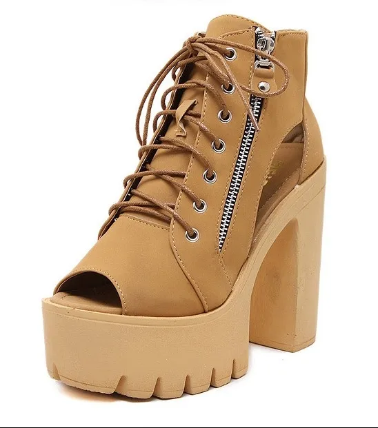 Brown Camel Peep Toe Platforms with Zippers for a Punk Rock Look