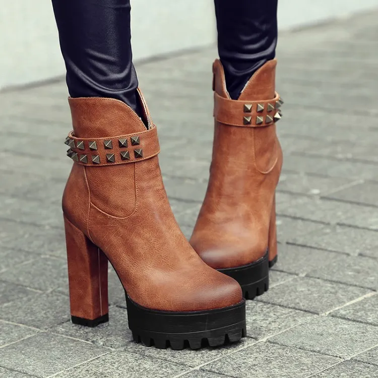 Brown Leather High Top Pumps with Block Heels & Studs