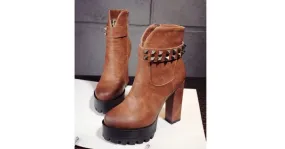 Brown Leather High Top Pumps with Block Heels & Studs