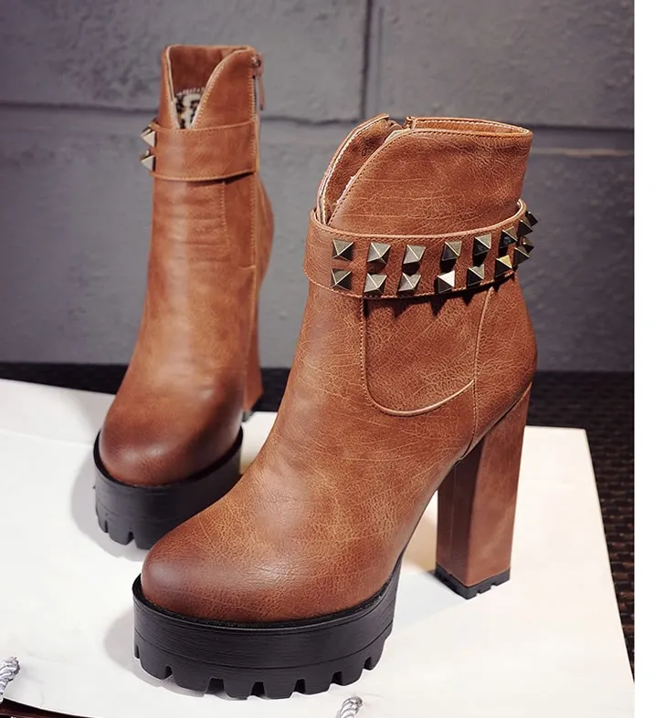 Brown Leather High Top Pumps with Block Heels & Studs