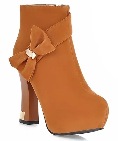 Brown Bow Ankle High Heel Boots