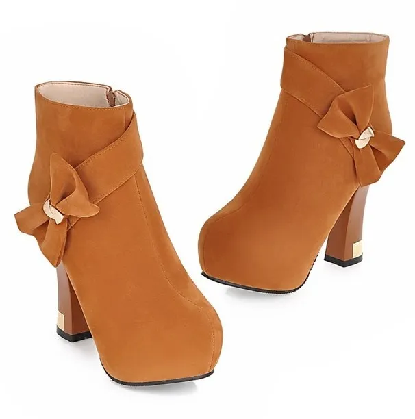 Brown Bow Ankle High Heel Boots