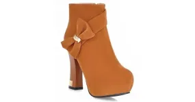 Brown Bow Ankle High Heel Boots