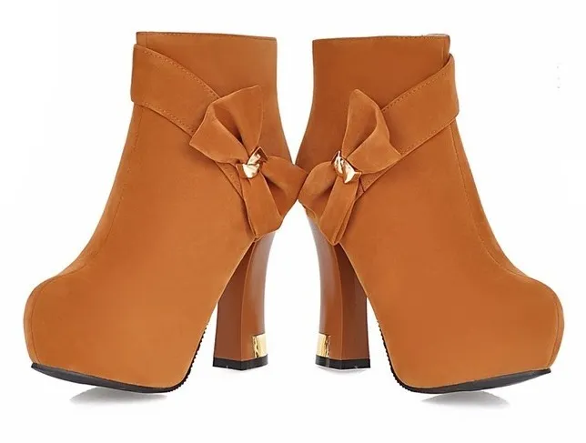 Brown Bow Ankle High Heel Boots