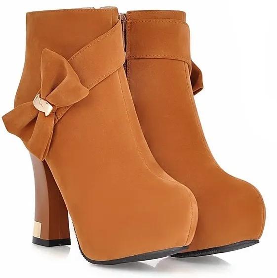 Brown Bow Ankle High Heel Boots