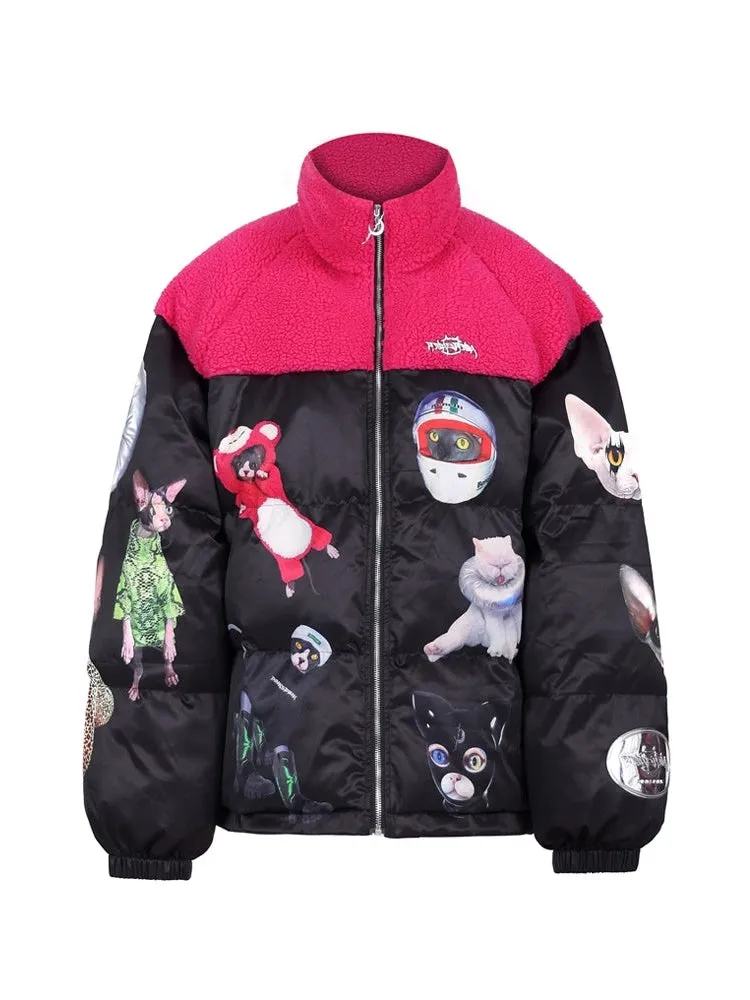 Cat Star Bicolor Loose Stand-Collar Padded Jacket