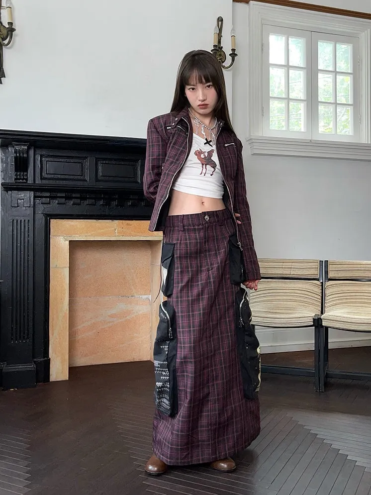 Check Zipper Short Jacket ＆ Patch Pocket Long Skirt