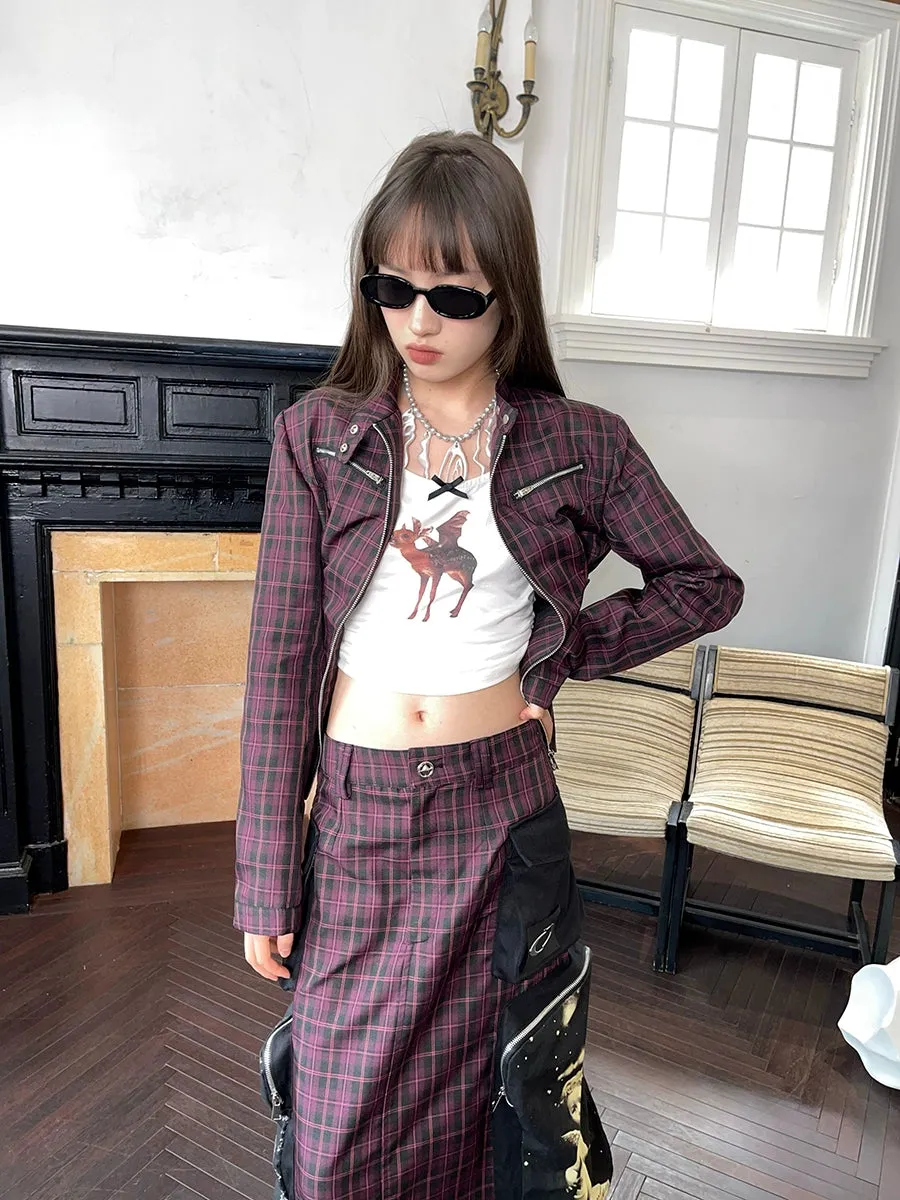 Check Zipper Short Jacket ＆ Patch Pocket Long Skirt