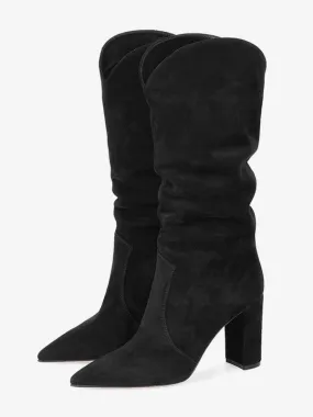 Chic Black Chunky Heel Mid Calf Slouch Boots