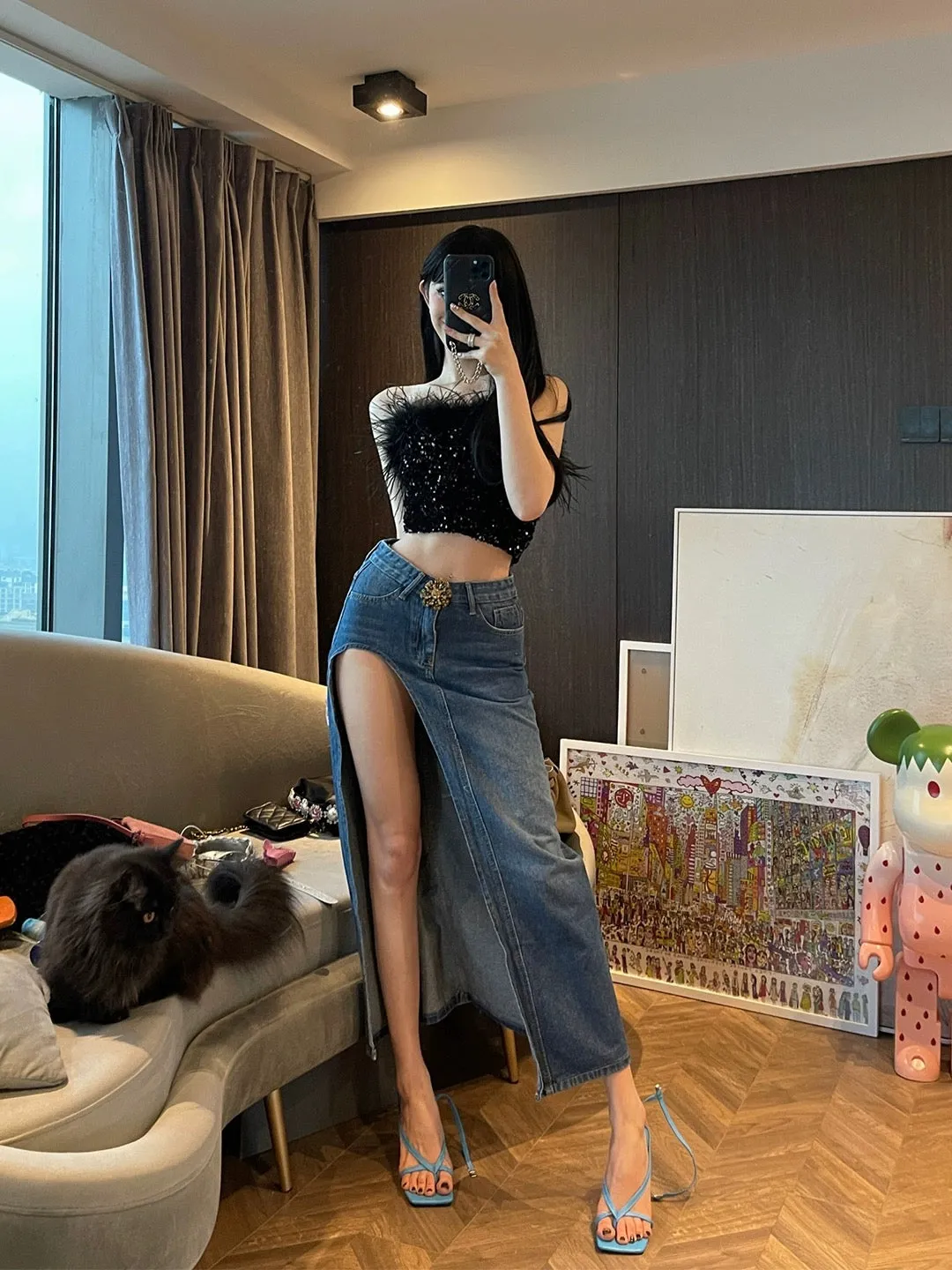 ChiclyNana American denim skirt sexy hot girl retro high waist slim pure lust high slit long skirt