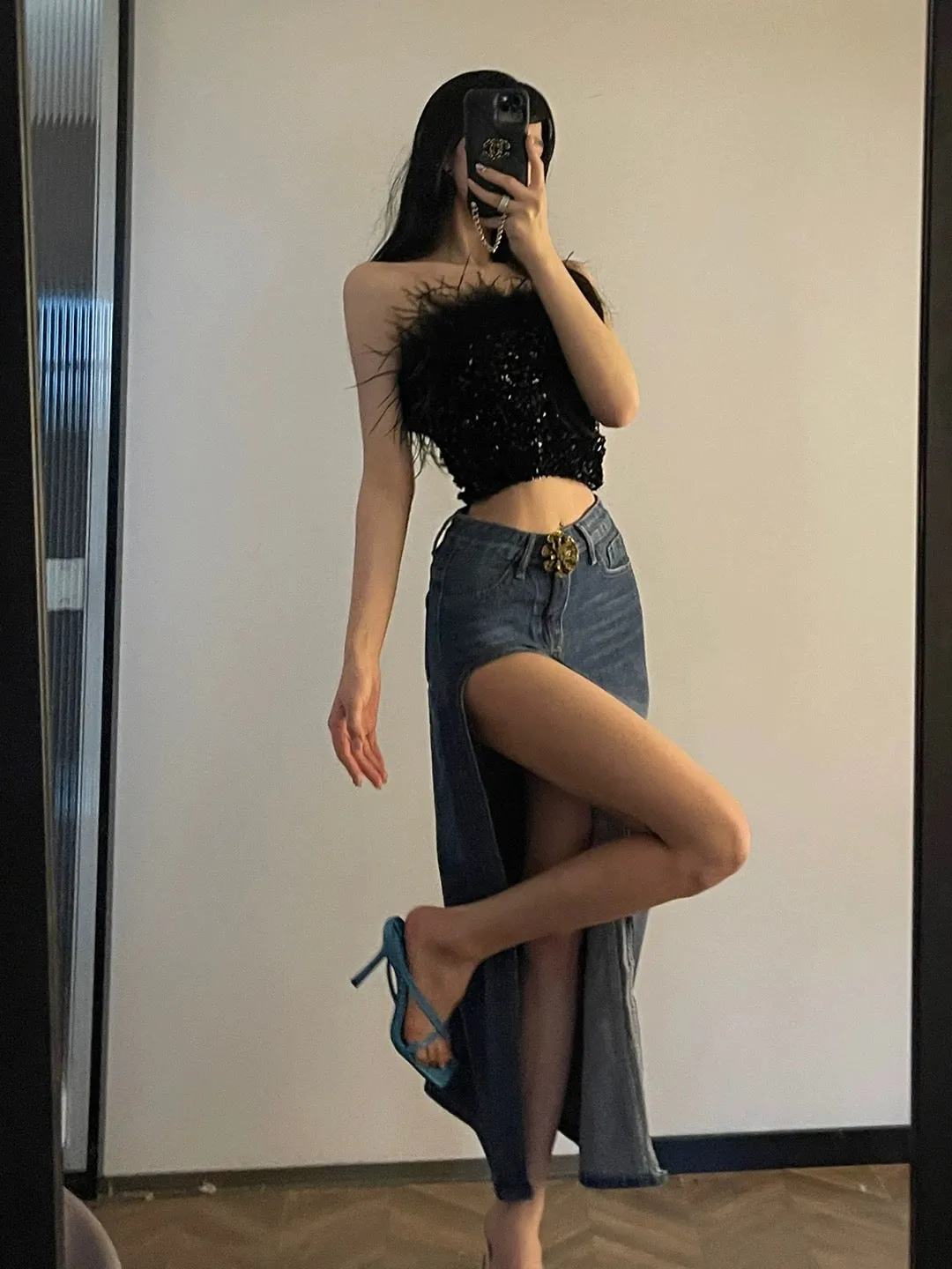 ChiclyNana American denim skirt sexy hot girl retro high waist slim pure lust high slit long skirt