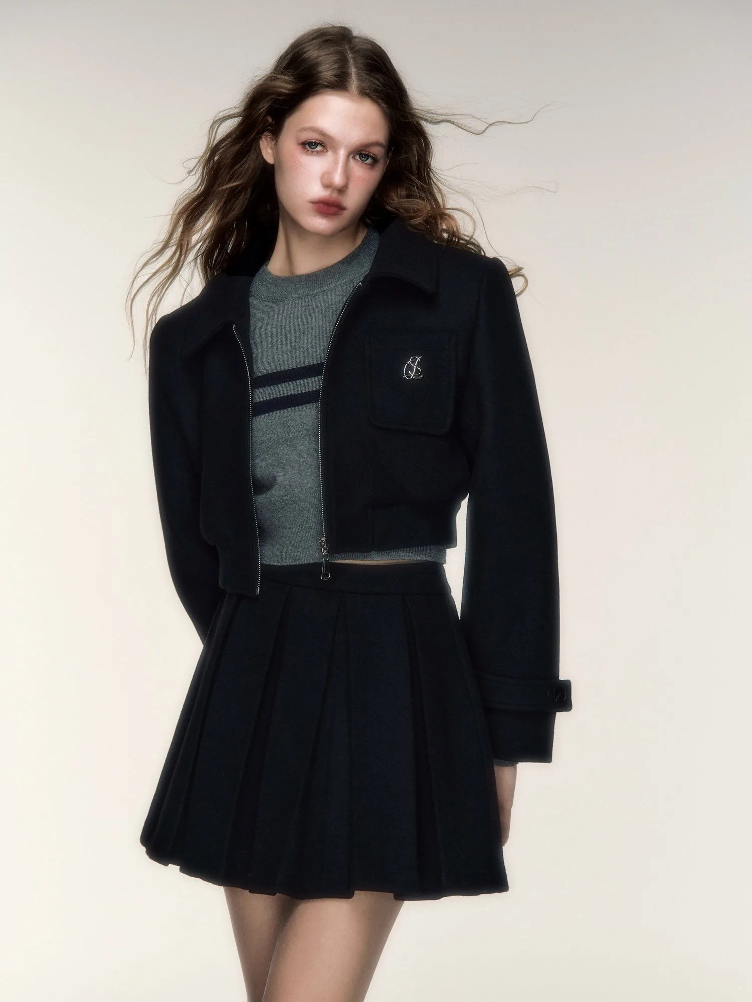 College Style Short Jacket & Pleated Skirt