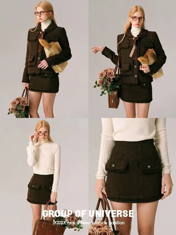 College Style Tweed Short Jacket & Mini Skirt