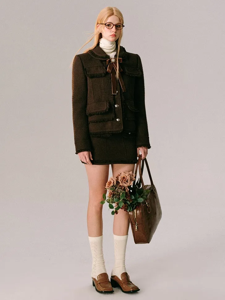 College Style Tweed Short Jacket & Mini Skirt