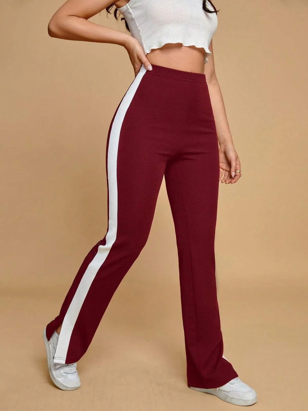 CONTRAST SIDE SEAM SPLIT HEM TROUSERS